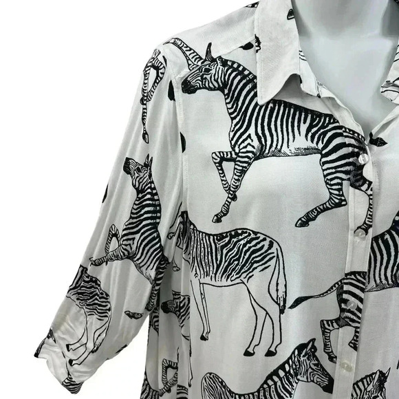 Jane + Delancey white and black zebra print blouse roll tab sleeves 2XL NWT Zoo - Picture 7 of 12